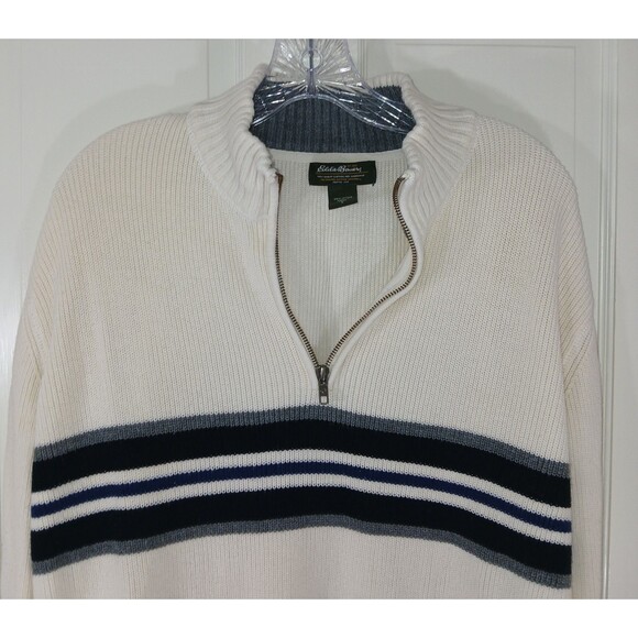Eddie Bauer Men's L 1/4 zip Pullover Sweater Cream/OffWhite Striped Knit Preppy - Picture 4 of 16